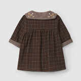 Plaid Dress with Embroidered Floral Collar || Brown