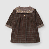 Plaid Dress with Embroidered Floral Collar || Brown