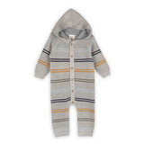 Classic Stripe Sweater Knit Baby Hooded Jumpsuit || Heather Grey
