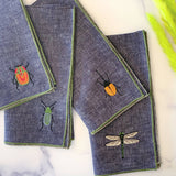 Embroidered Linen Chambray Napkin Set || Insects