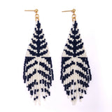 Beaded Handwoven Vine Fringe Earrings || White/Blue