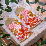 Beaded Handwoven Tropical Fringe Earrings || Pink/Mustard