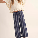 Organic Striped Ruffle Pants || Navy