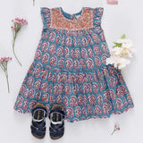 Girls Fiona Ruffle Dress || Blue Paisley