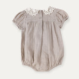 Alba Baby Romper, Embroidered Collar || Natural Linen