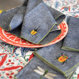 Embroidered Linen Chambray Napkin Set || Insects