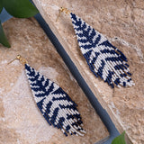 Beaded Handwoven Vine Fringe Earrings || White/Blue
