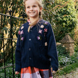 Girls Grandpa Sweater || Navy Floral Embroidery