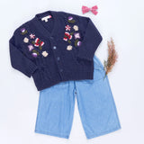 Girls Grandpa Sweater || Navy Floral Embroidery