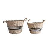 Hand-Woven Striped Baskets with Handles, Set of 2
