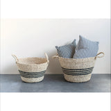 Hand-Woven Striped Baskets with Handles, Set of 2