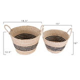 Hand-Woven Striped Baskets with Handles, Set of 2