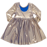 Girls Lame Steph Dress || Blue Gold Shimmer