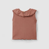 Sleeveless Top with Embroidered Ruffled Collar || Terracotta