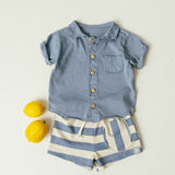 Striped Pull Up Shorts with Pocket || Indigo