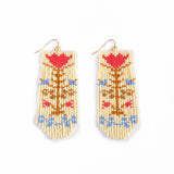 Beaded Handwoven Vintage Flower Fringe Earrings || Cream/Red