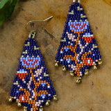 Beaded Handwoven Night Bloom Drop Earrings || Indigo