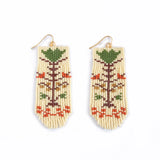 Beaded Handwoven Vintage Flower Fringe Earrings || Cream/Red