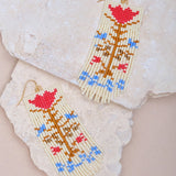 Beaded Handwoven Vintage Flower Fringe Earrings || Cream/Red