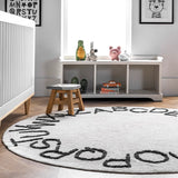 Washable Round Alphabet Area Rug || Ivory