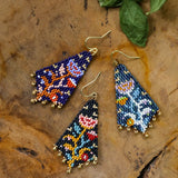 Beaded Handwoven Night Bloom Drop Earrings || Indigo