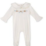 Baby Girl Embroidered Pointelle & Ruffle  Footie Jumpsuit || Floral