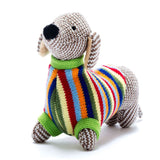 Knitted Sausage Dog Rattle || Striped Jumper