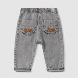 Organic cotton denim pull-up pants with embroidery detail