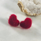 Fuzzy Heart Stud Earrings || Red