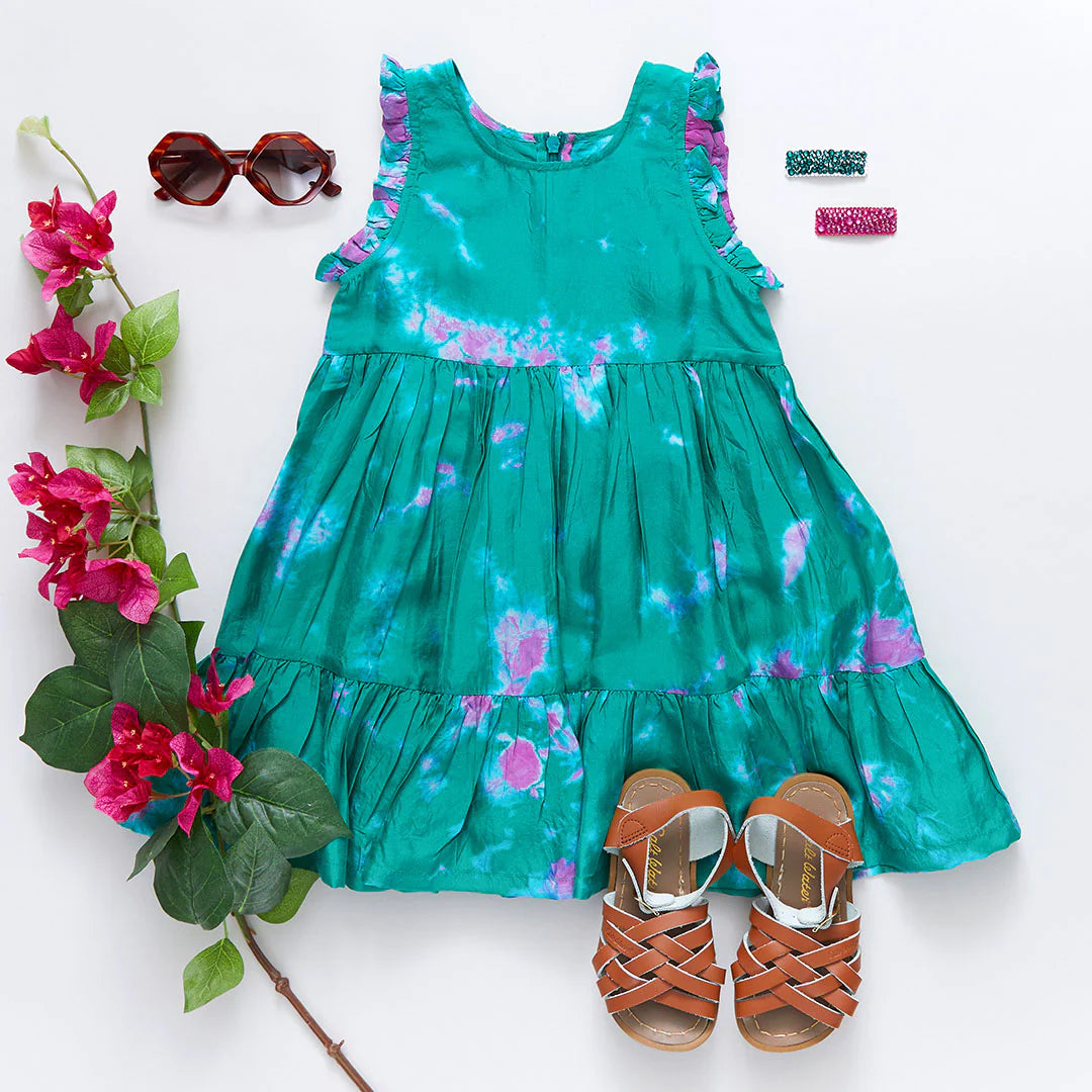 Girls Silk Kelsey Dress || Magenta Green Tie Dye Girls Silk Kelsey Dress || Magenta Green Tie Dye