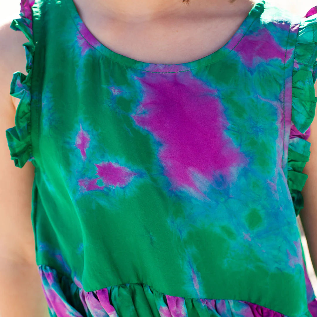 Girls Silk Kelsey Dress || Magenta Green Tie Dye Lyon and Pearle Girls Silk Kelsey Dress || Magenta Green Tie Dye Lyon and Pearle