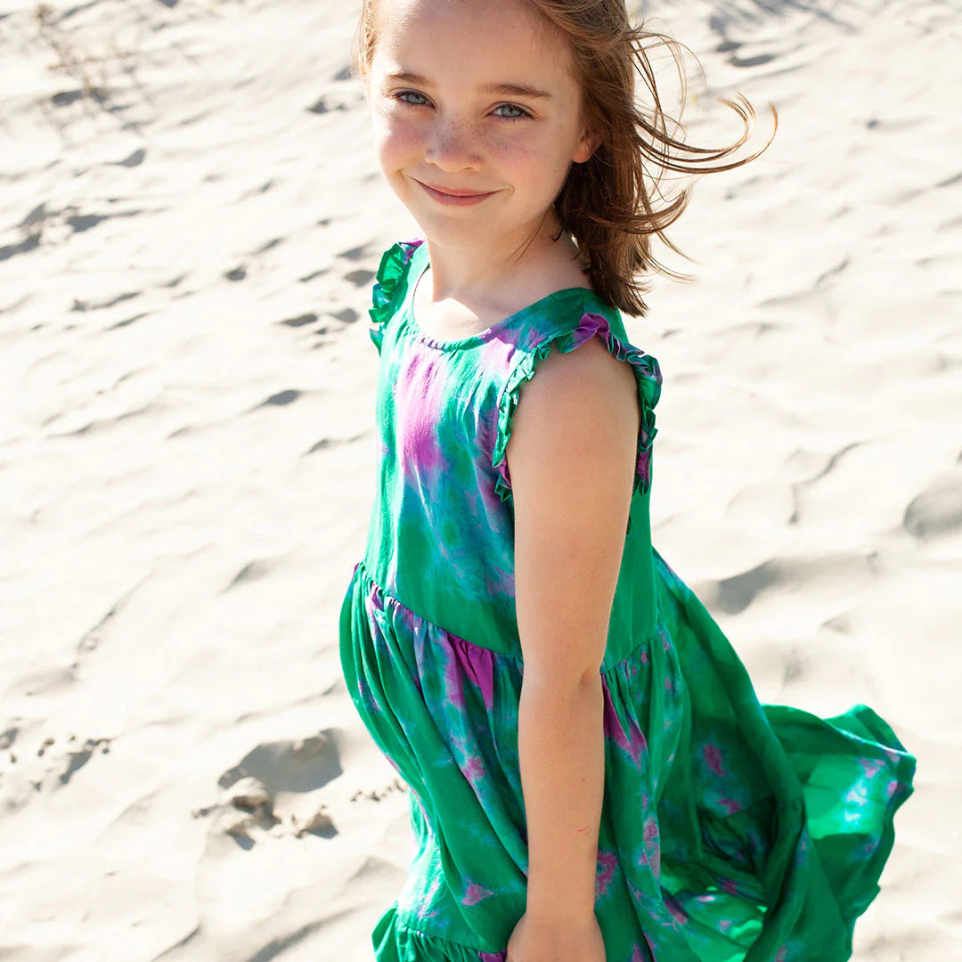 Girls Silk Kelsey Dress || Magenta Green Tie Dye Lyon and Pearle Girls Silk Kelsey Dress || Magenta Green Tie Dye Lyon and Pearle
