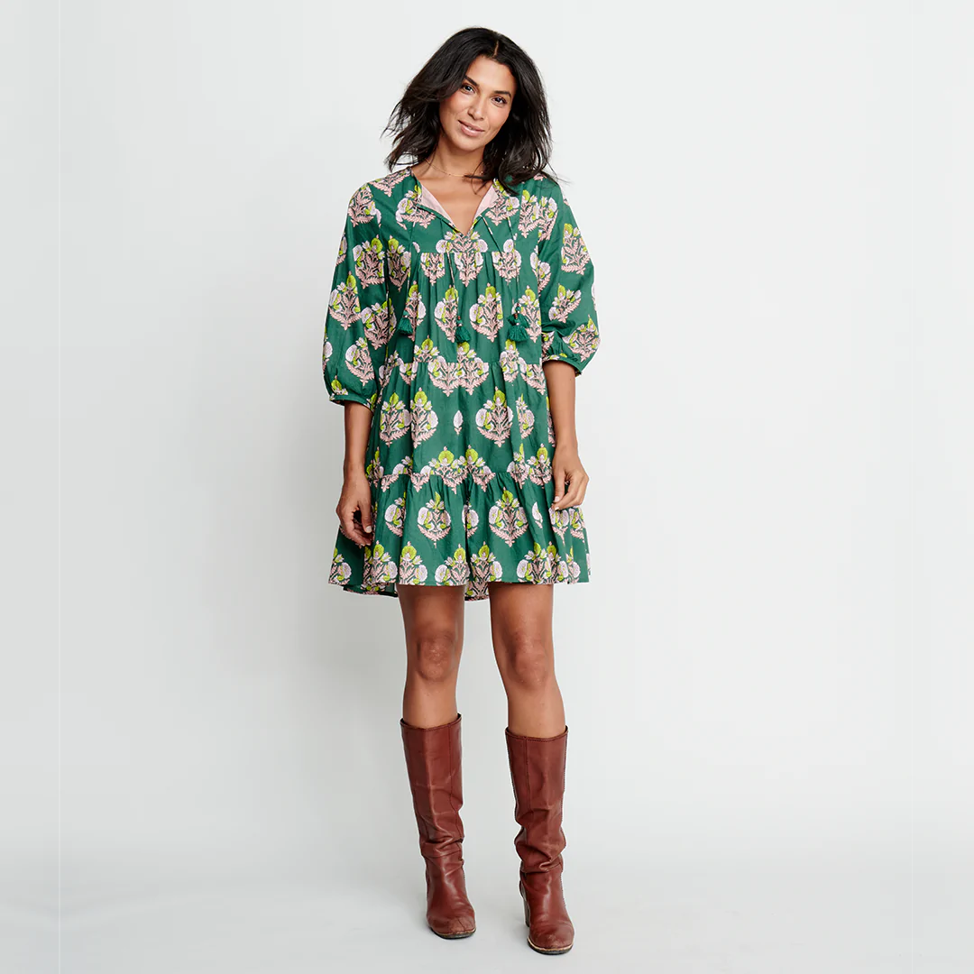 Womens Short Indira Dress || Hunter Green Flower Lyon and Pearle Womens Short Indira Dress || Hunter Green Flower Lyon and Pearle